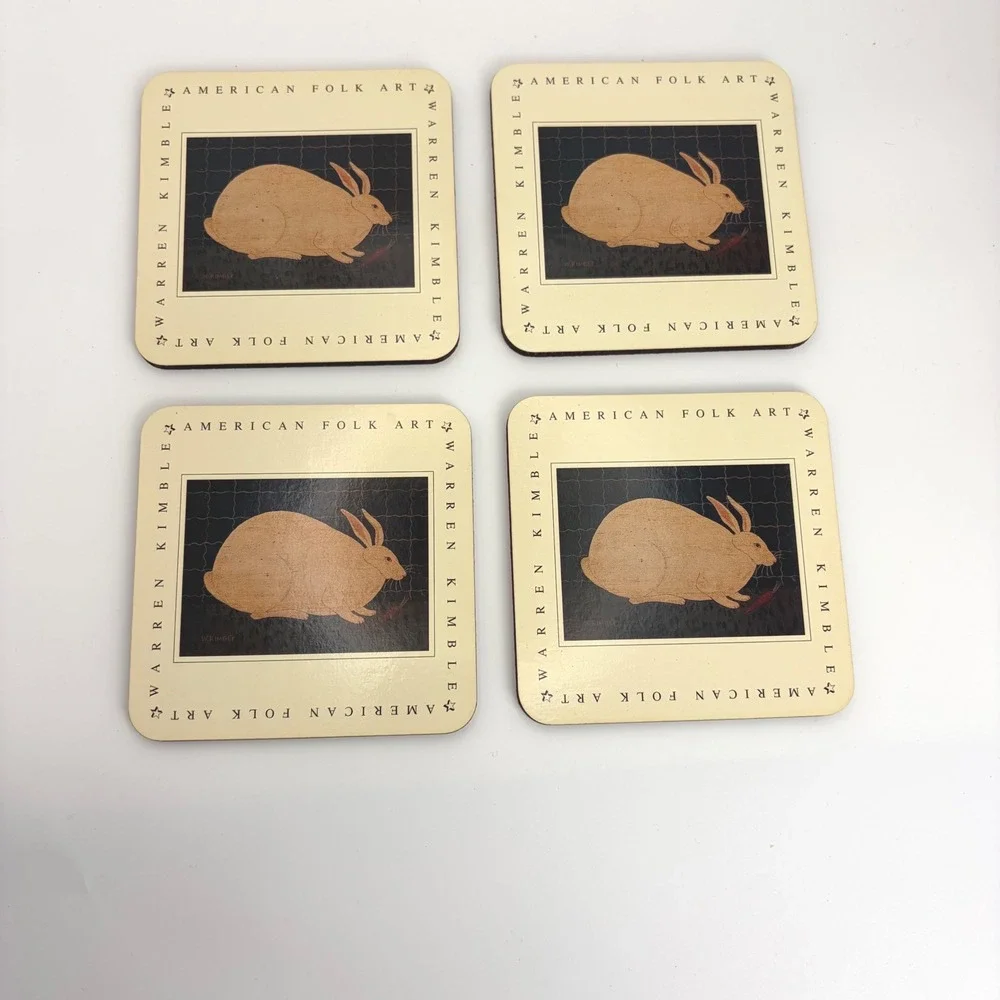 Warren Kimble Otagiri American Folk Art Rabbit Coasters Set of 4 Vintage